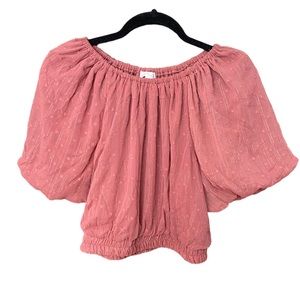 BY THE RIVER NWOT Rose/Blush Puff Sleeve Boho Cropped Blouse Top, Size Medium